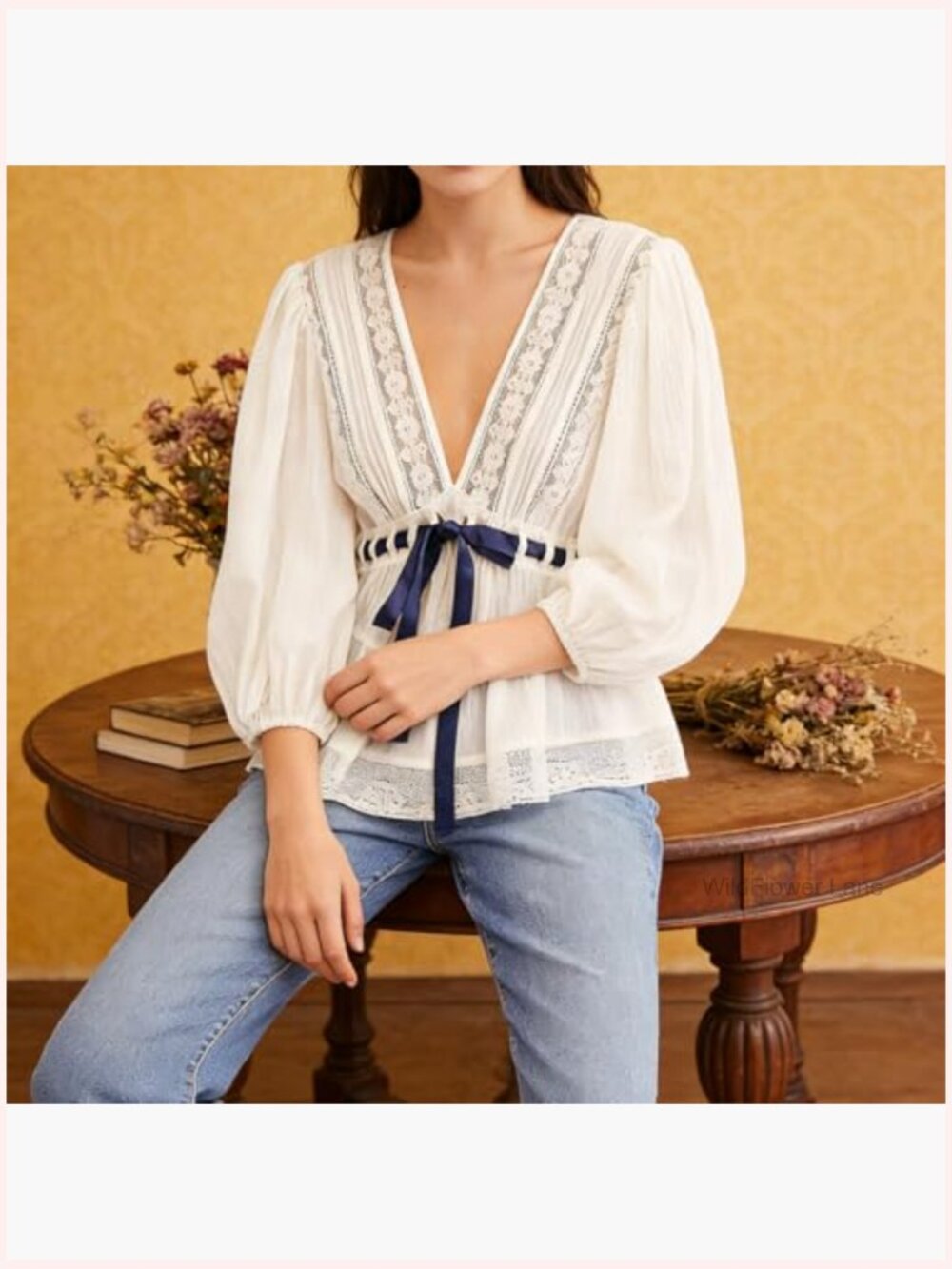 Sheer Lace Trim Puff Sleeve Blouse Tie Front Flowy Peplum Tunic - Picture 7 of 7